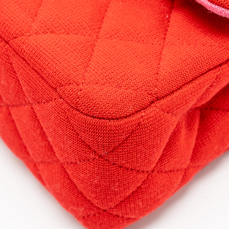 Chanel Medium Classic double flap bag fabric red /pink LGHW (microchip)
