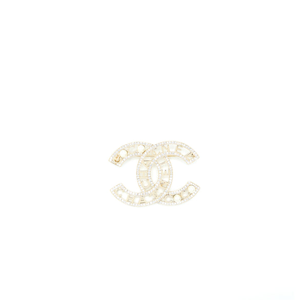 Chanel Large Model CC Logo with Crystal/Pearl Brooch Light Gold Tone