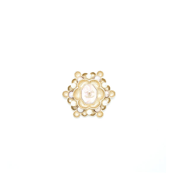 Chanel Camellia/Pearl/CC Logo Brooch Light Gold Tone