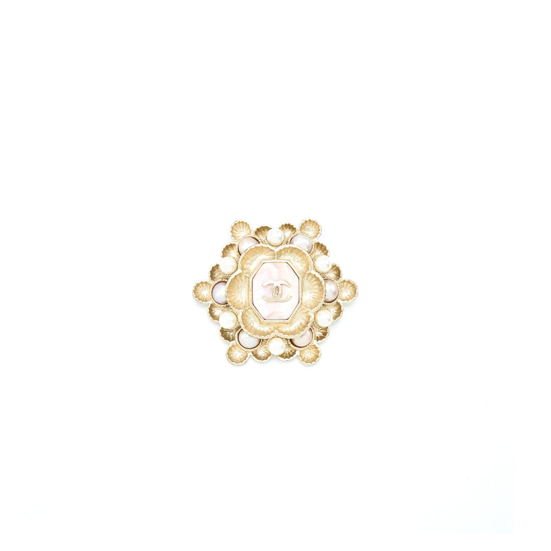 Chanel Camellia/Pearl/CC Logo Brooch Light Gold Tone