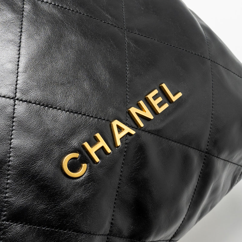 Chanel 22 Backpack Gold Letter Logo Shiny Calfskin Black GHW(microchip)