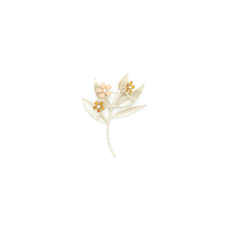 Chanel Leaf/Camellia/Crystal Brooch Light Gold Tone