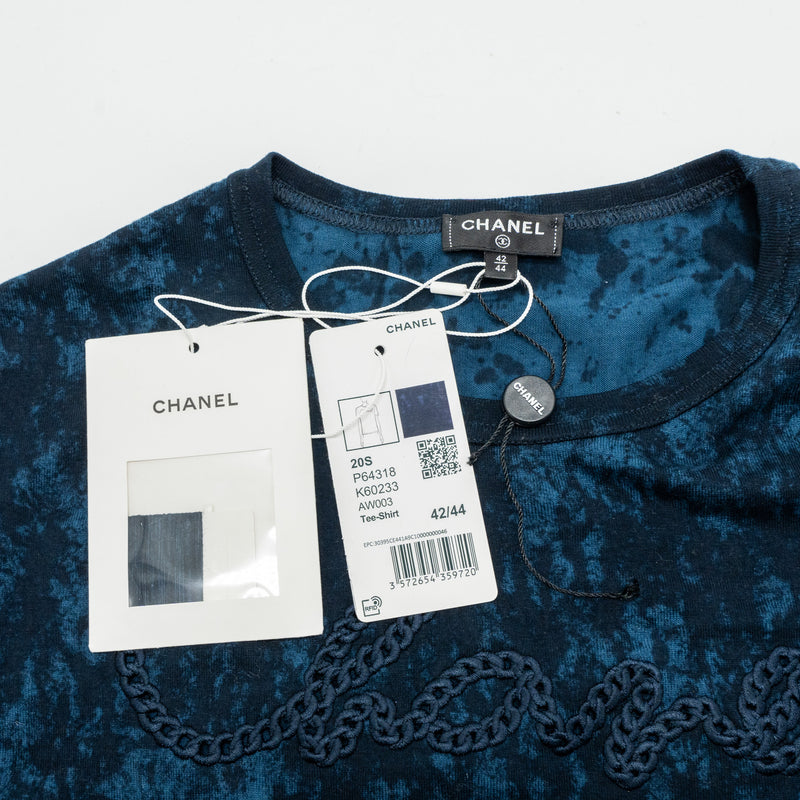 Chanel Size 42/44 20S Signature Logo with Crystal CC Logo Plaque T-shirt Cotton Navy Blue