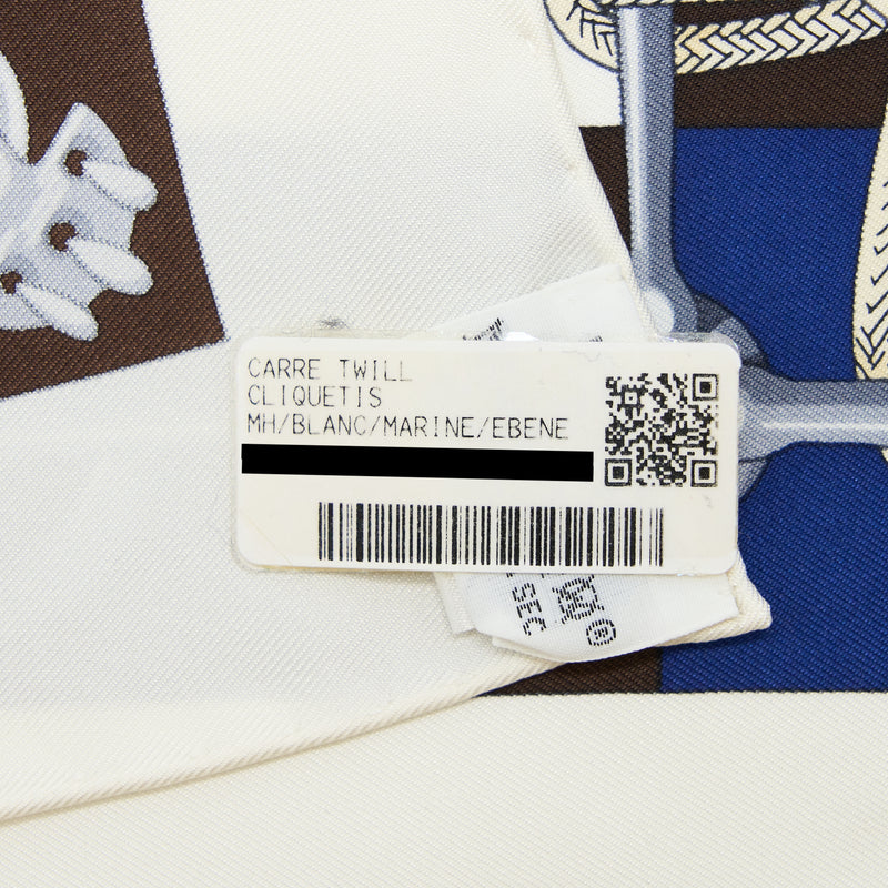 Hermes 90x90CM Silk Scarf Cliquetis Blanc/Marine/Ebene