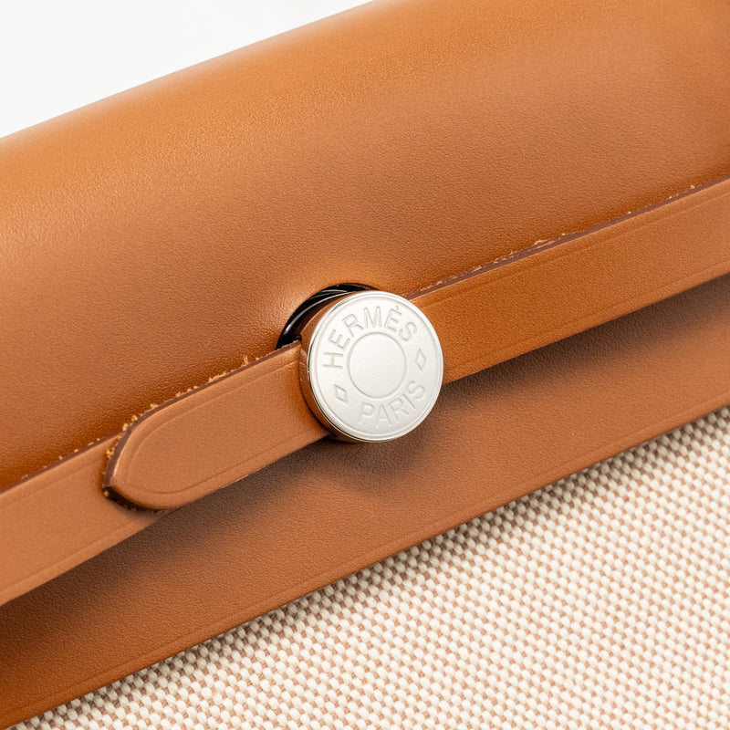 Hermes herbag mini canvas / hunter leather ecru-beige / fauve SHW stamp W