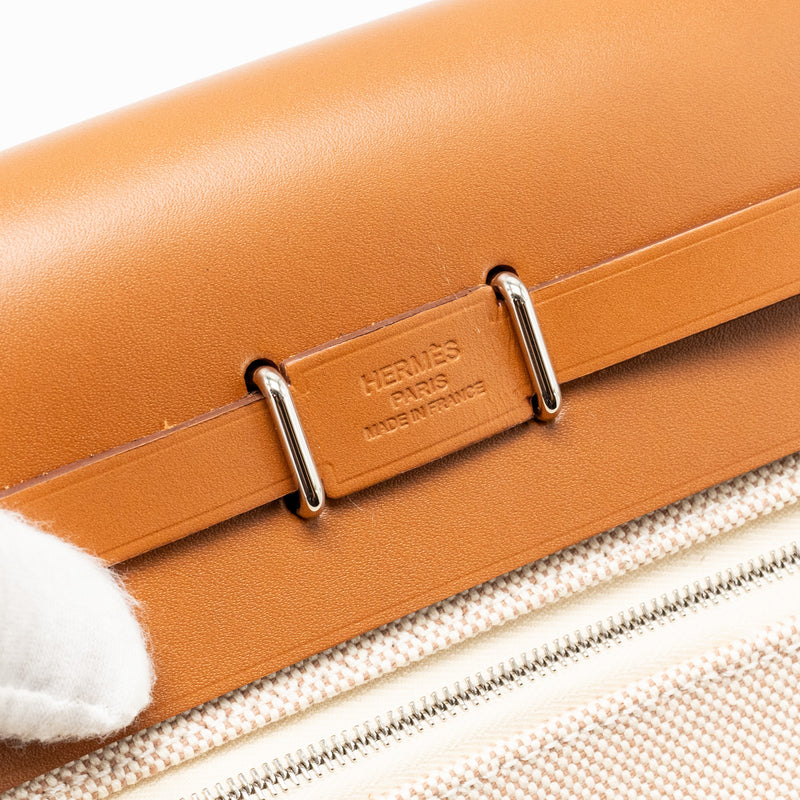 Hermes herbag mini canvas / hunter leather ecru-beige / fauve SHW stamp W