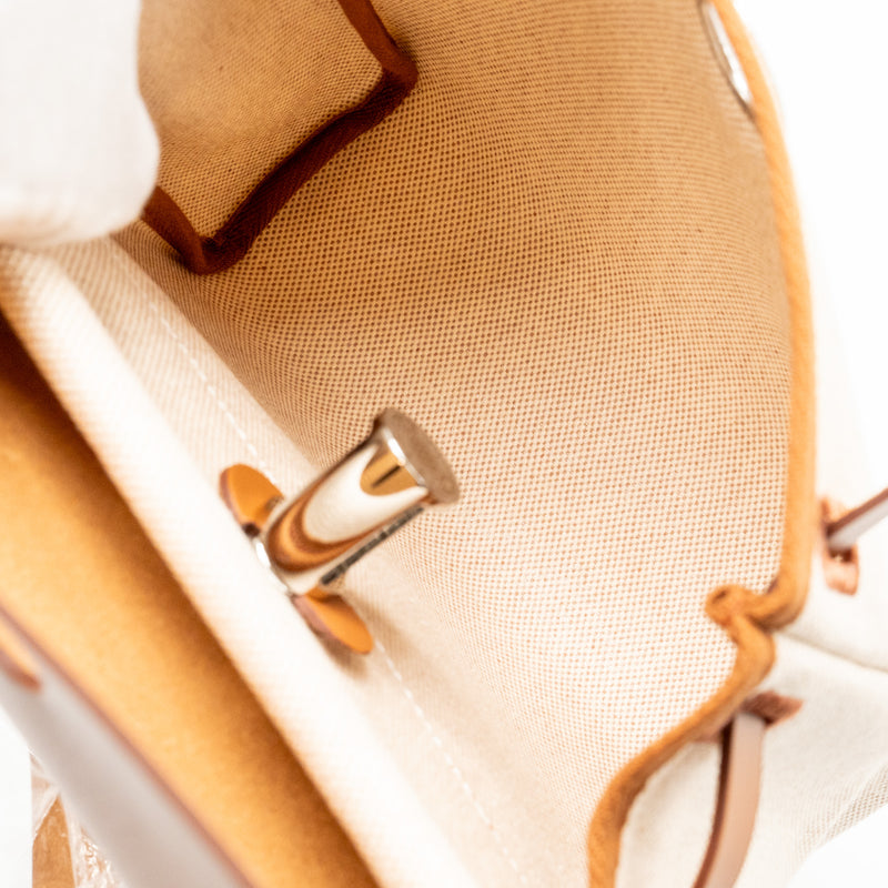 Hermes herbag mini canvas / hunter leather ecru-beige / fauve SHW stamp W