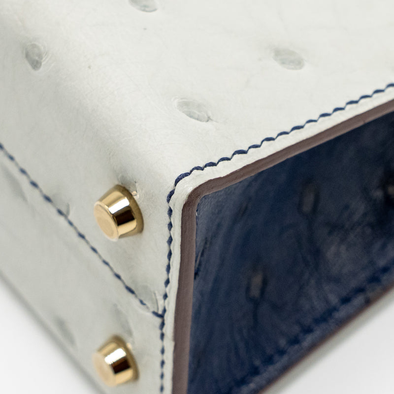 Hermes Mini Kelly Special Order Ostrich Gris Perle/Blue Iris LGHW Stamp U