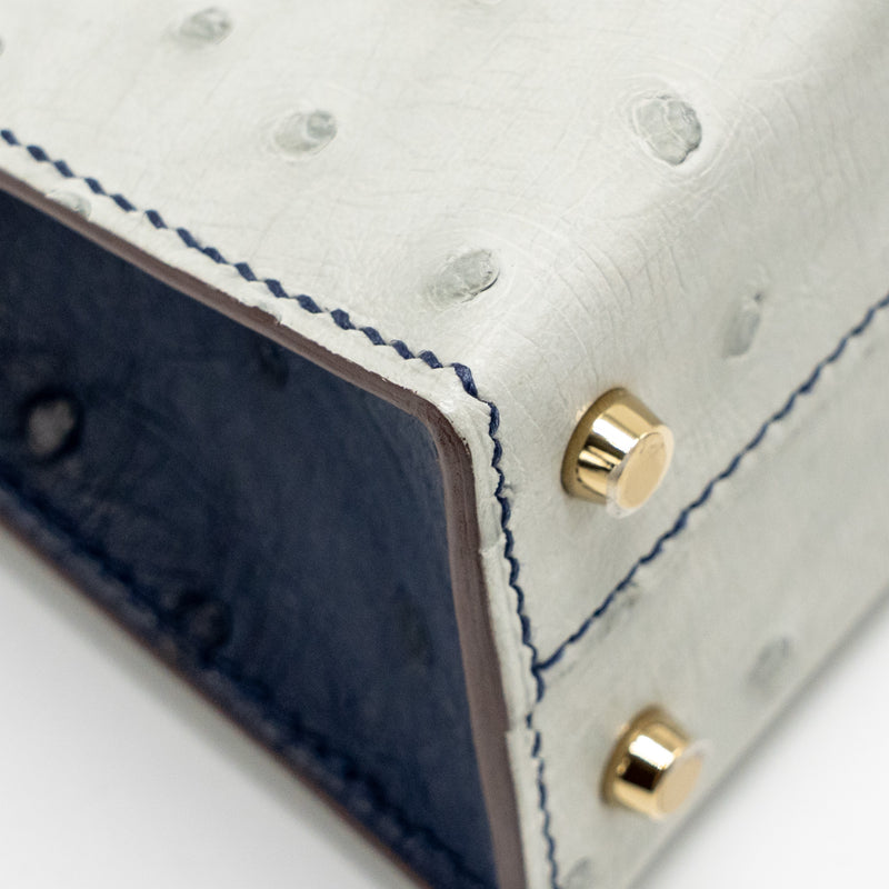 Hermes Mini Kelly Special Order Ostrich Gris Perle/Blue Iris LGHW Stamp U