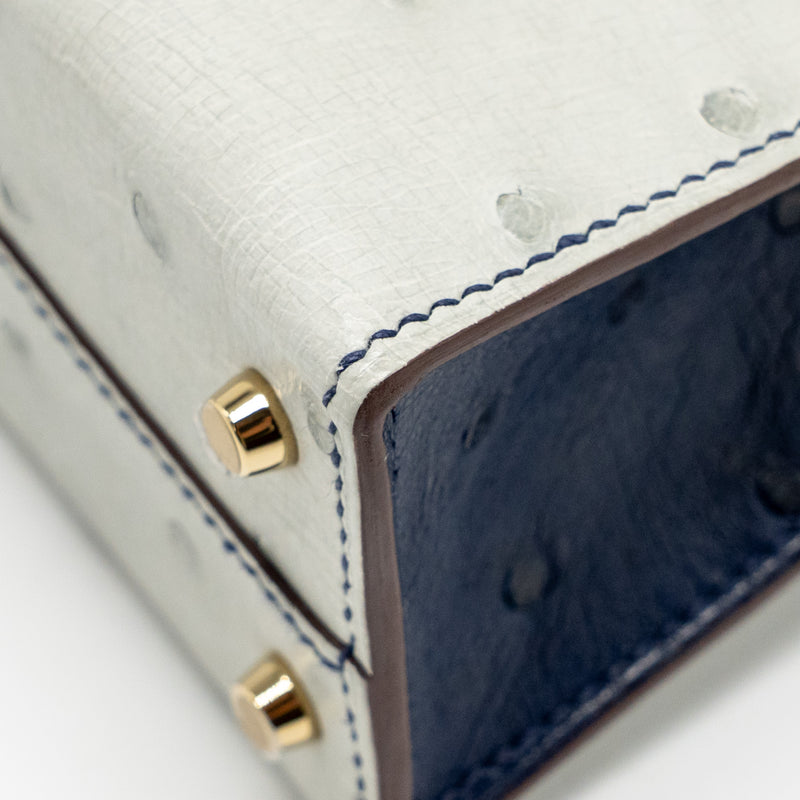 Hermes Mini Kelly Special Order Ostrich Gris Perle/Blue Iris LGHW Stamp U