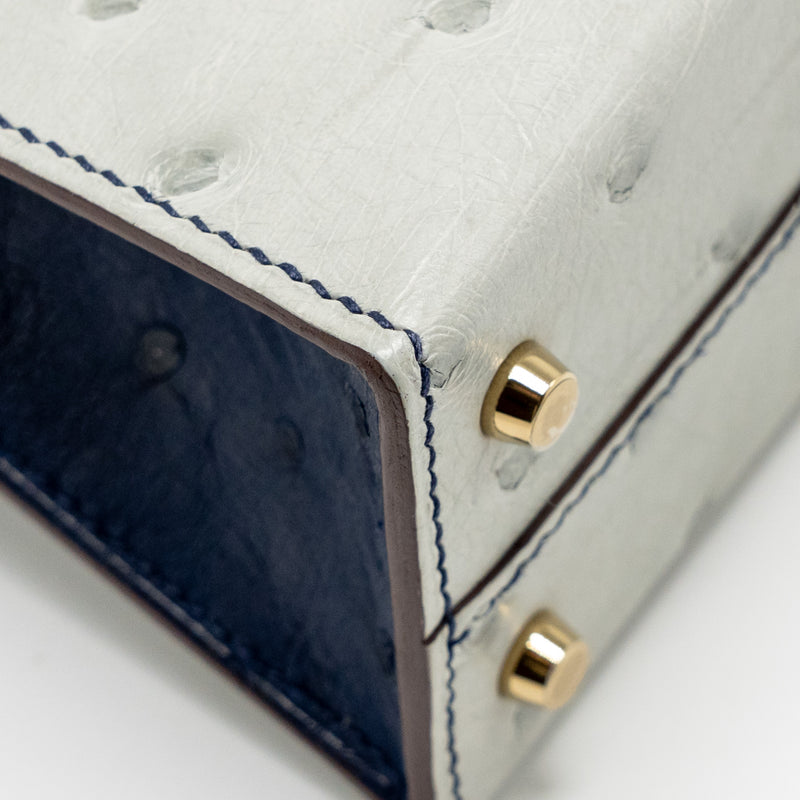 Hermes Mini Kelly Special Order Ostrich Gris Perle/Blue Iris LGHW Stamp U