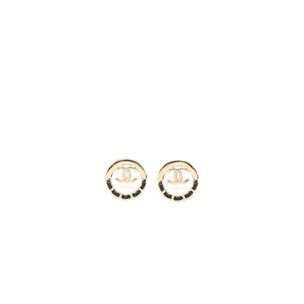 Chanel Round with CC Logo Earrings Leather Black Light Gold Tone