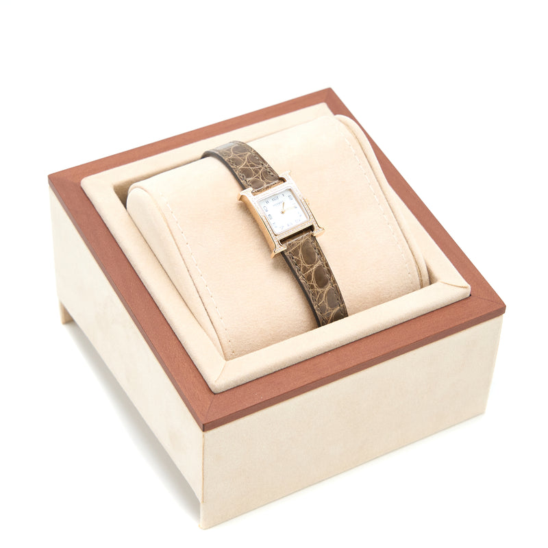 Hermes Heure H watch, Mini model, 21 MM Rose Gold with Diamonds, Alligator Strap Gris Elephant Grey