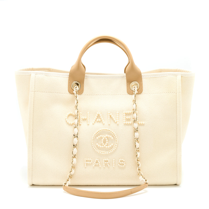 Chanel Deauville Tote Bag Fabric/Leather Creamy White/Beige GHW