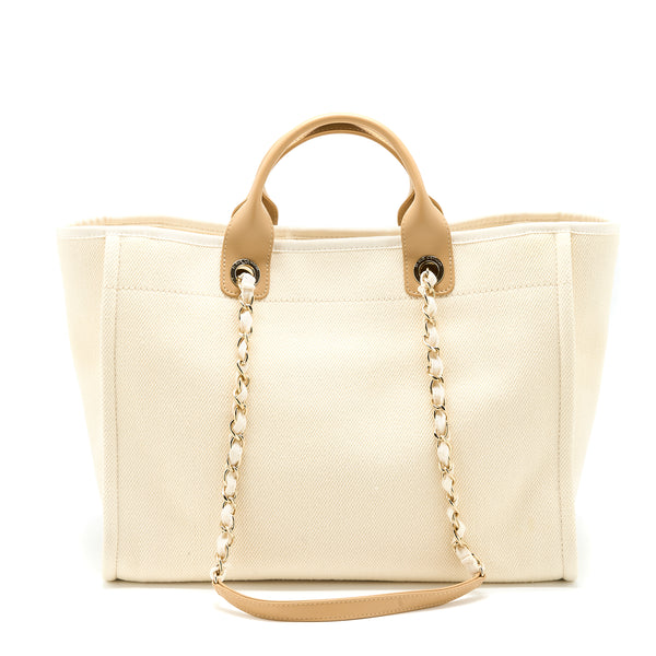 Chanel Deauville Tote Bag Fabric/Leather Creamy White/Beige GHW