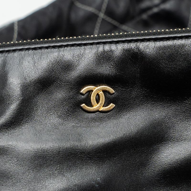 Chanel Small 22 Bag Gold Letter Shiny Calfskin Black Brushed GHW(Microchip)