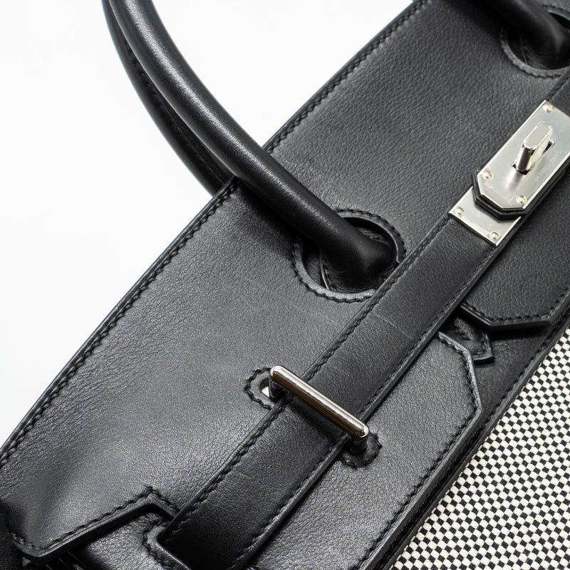 Hermes hac birkin 40 toile Gris canvas / evergrain black/ ecru SHW stamp U