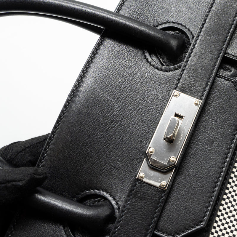 Hermes hac birkin 40 toile Gris canvas / evergrain black/ ecru SHW stamp U