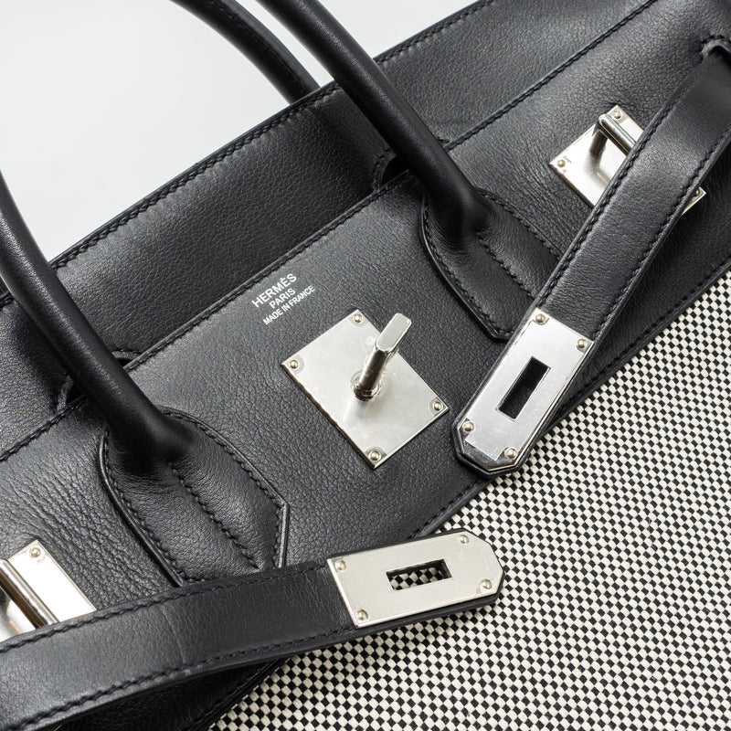 Hermes hac birkin 40 toile Gris canvas / evergrain black/ ecru SHW stamp U