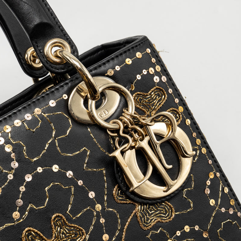 Dior Medium Lady Dior Embroidered Floral Limited Edition Leather Black/Gold GHW