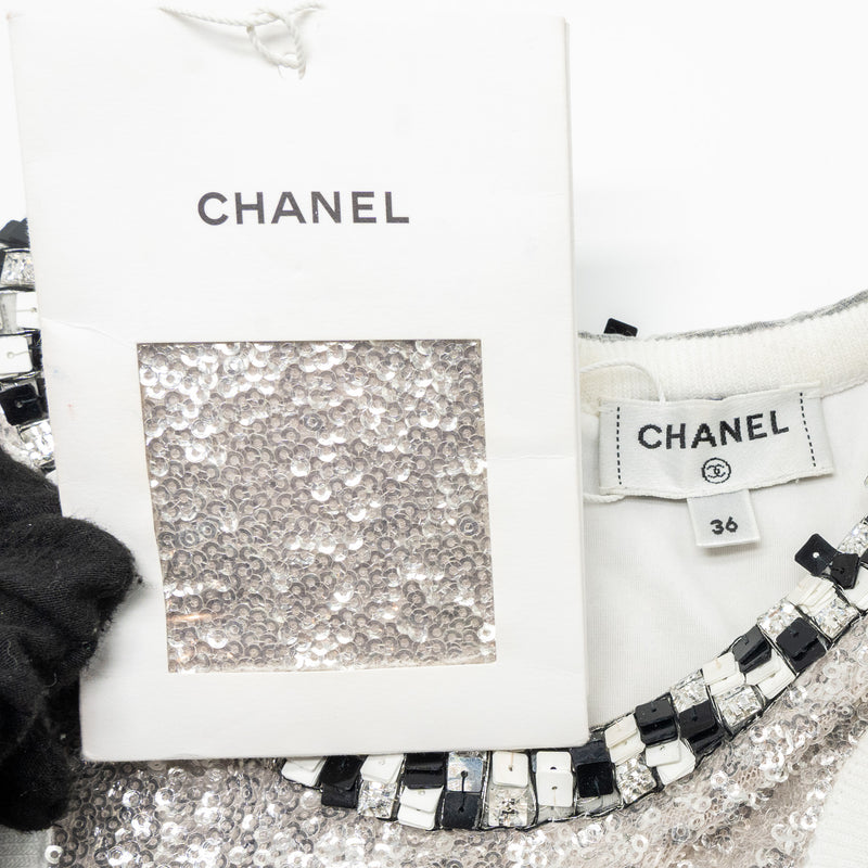Chanel Size 36 23C Short U-Neck Plain Logo Cropped Tank Polyester/Elastane Silver/White/Black