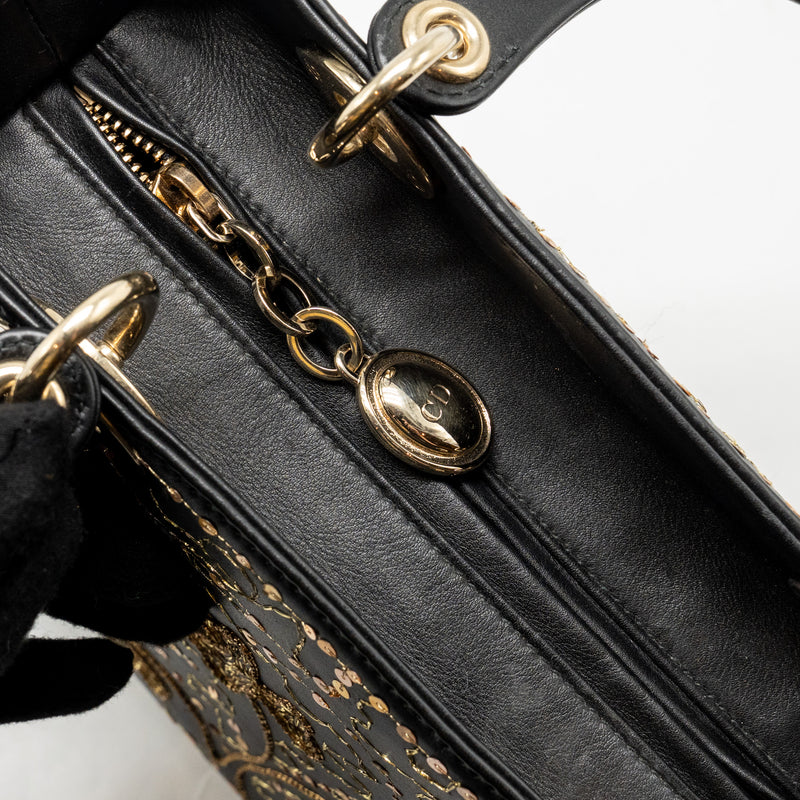 Dior Medium Lady Dior Embroidered Floral Limited Edition Leather Black/Gold GHW