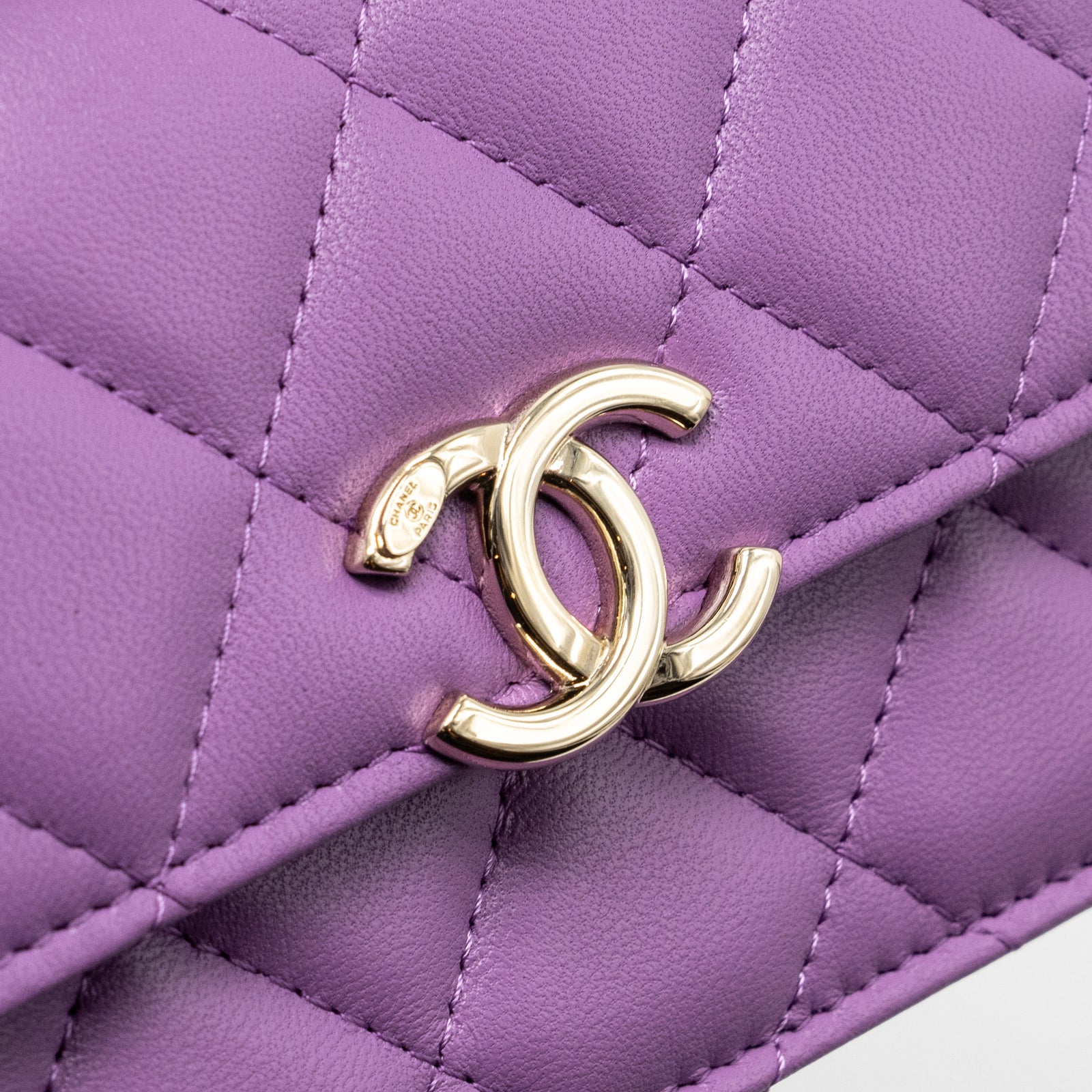 Chanel detailed top handle flap mini clutch with chain lambskin purple