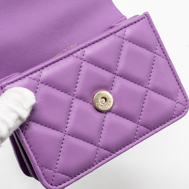 Chanel detailed top handle flap mini clutch with chain lambskin purple LGHW (microchip)