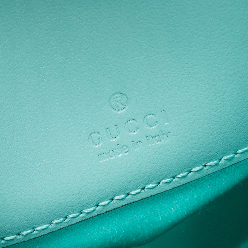Gucci GG Marmont silk bucket crystal chain bag Fabric/ Crystal Light Blue SHW