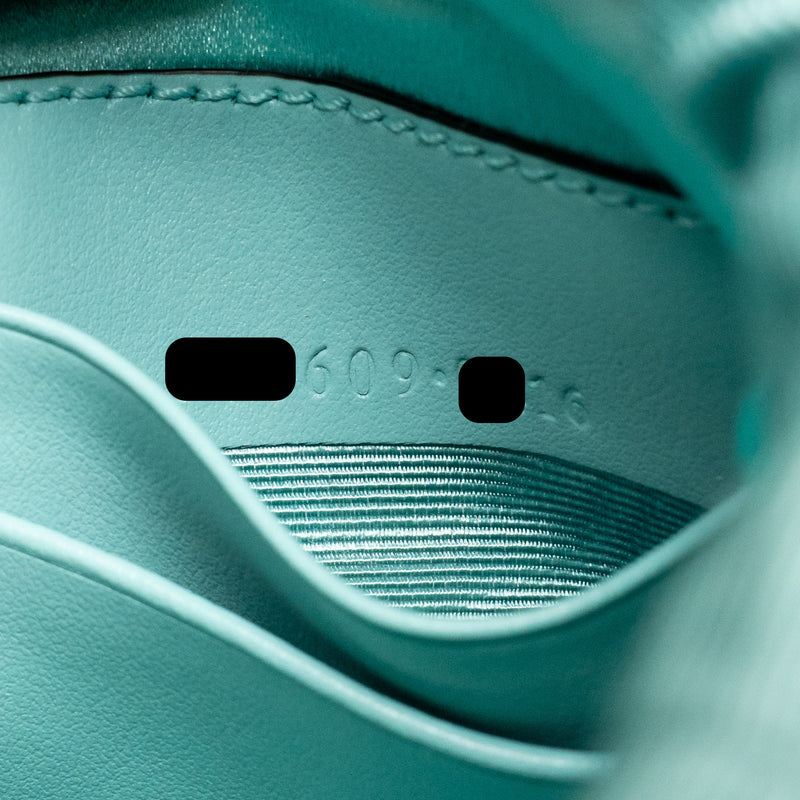 Gucci GG Marmont silk bucket crystal chain bag Fabric/ Crystal Light Blue SHW