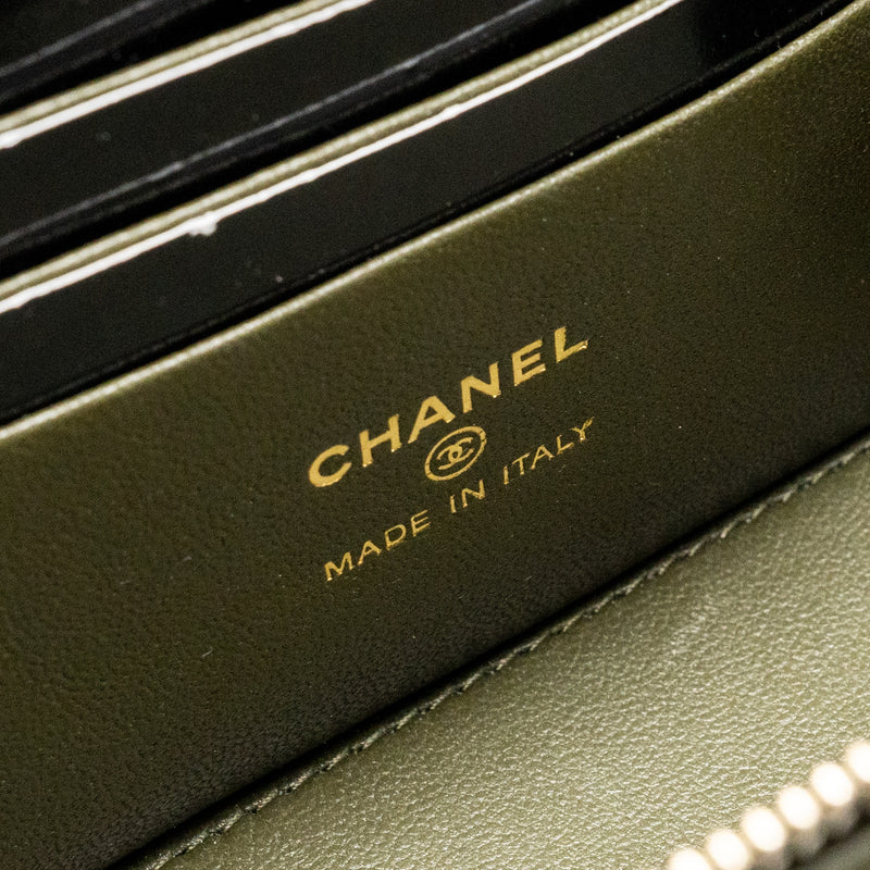 Chanel Detail Top Handle Long Vanity With Chain Lambskin Dark Green GHW (Microchip)
