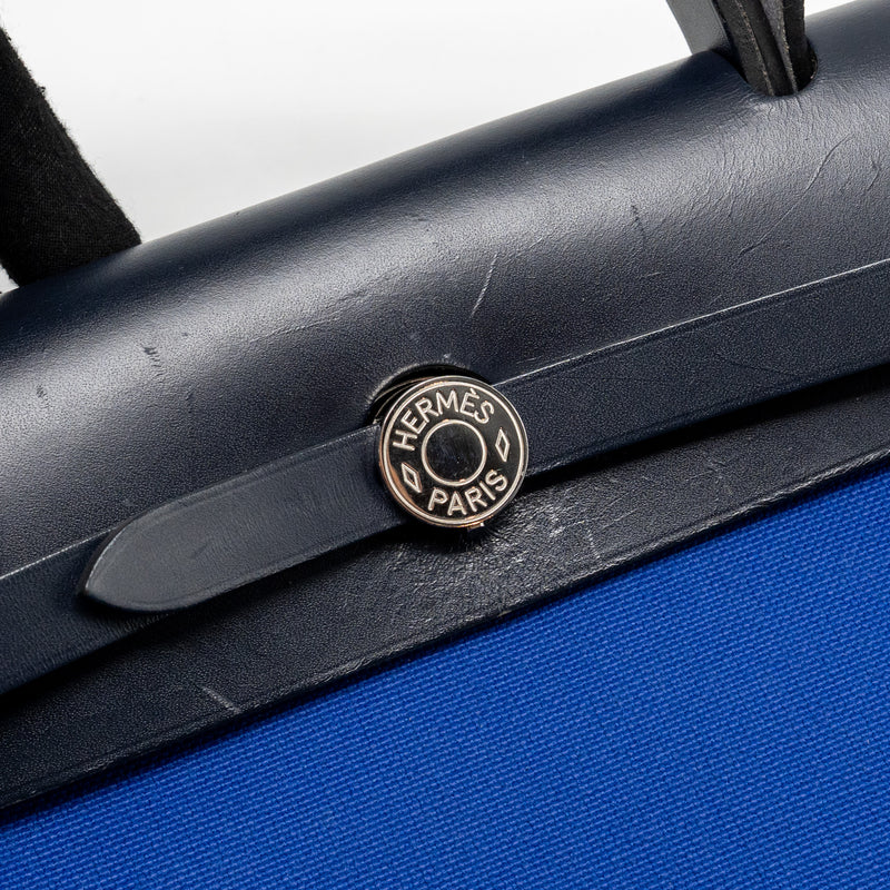 Hermes Herbag 31 Zip Bag Canvas/Hunter Leather Bleu Electrique/Bleu Indigo SHW Stamp A