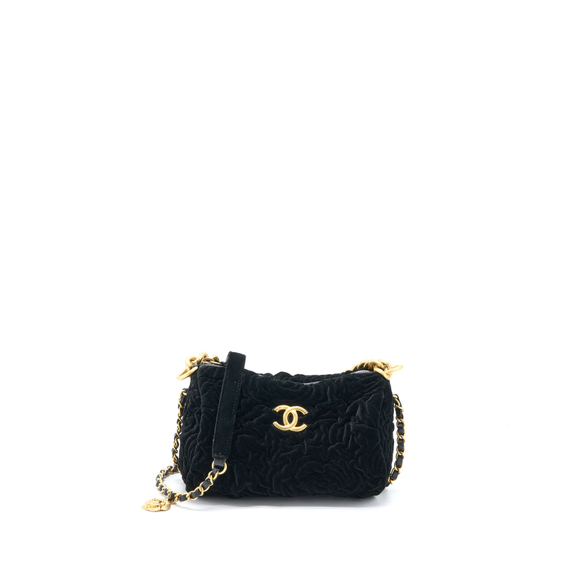 Chanel Mini Boston Bag with Chain Camellia Velvet Black GHW (Microchip