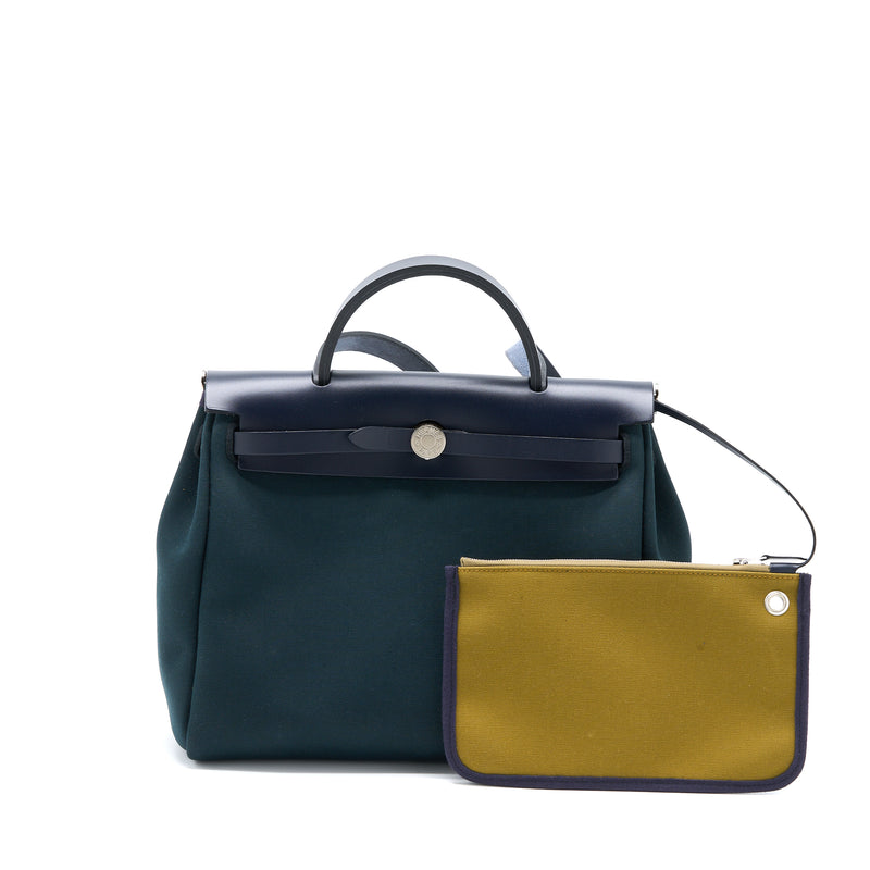 Hermes Herbag 31 Zip Bag Canvas/ Hunter Leather Vert Cypres-VT Olive/ Blue Indigo SHW Stamp Z