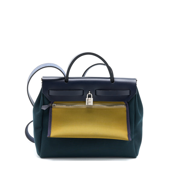 Hermes Herbag 31 Zip Bag Canvas/ Hunter Leather Vert Cypres-VT Olive/ Blue Indigo SHW Stamp Z