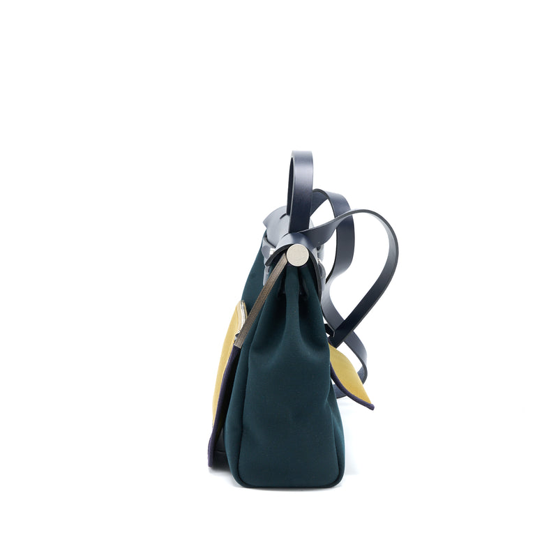 Hermes Herbag 31 Zip Bag Canvas/ Hunter Leather Vert Cypres-VT Olive/ Blue Indigo SHW Stamp Z