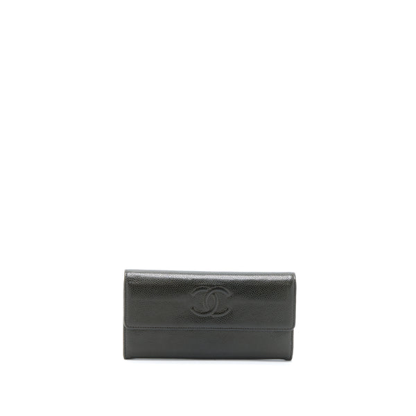 Chanel CC Logo Flap Long Wallet Caviar Dark Olive Green SHW