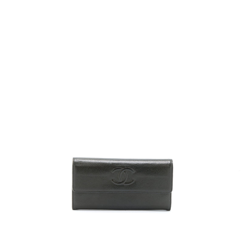 Chanel CC Logo Flap Long Wallet Caviar Dark Olive Green SHW