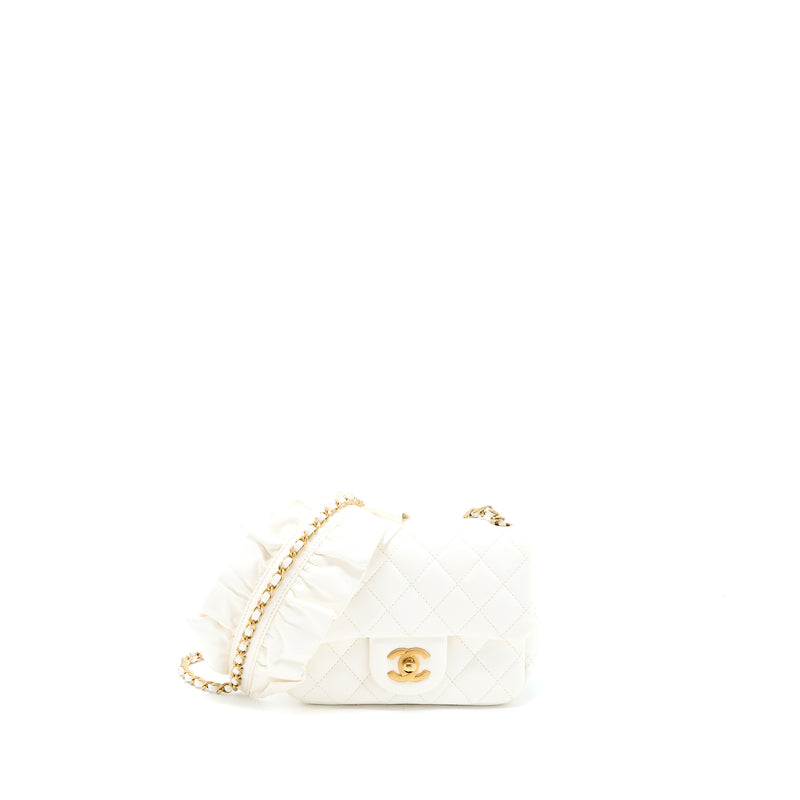 Chanel Mini Square Flap Bag with Detailed Ribbon Chain Lambskin White