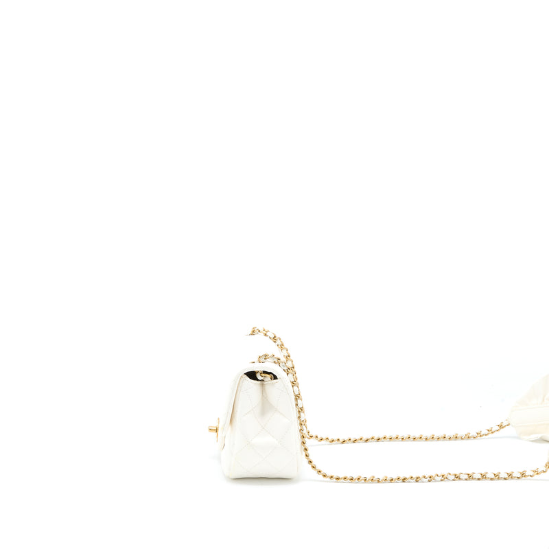 Chanel Mini Square Flap Bag with Detailed Ribbon Chain Lambskin White GHW