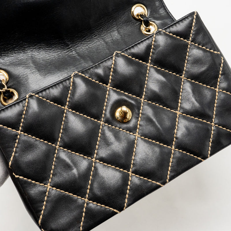 Chanel Vintage quilted flap bag lambskin black with white stitching GHW