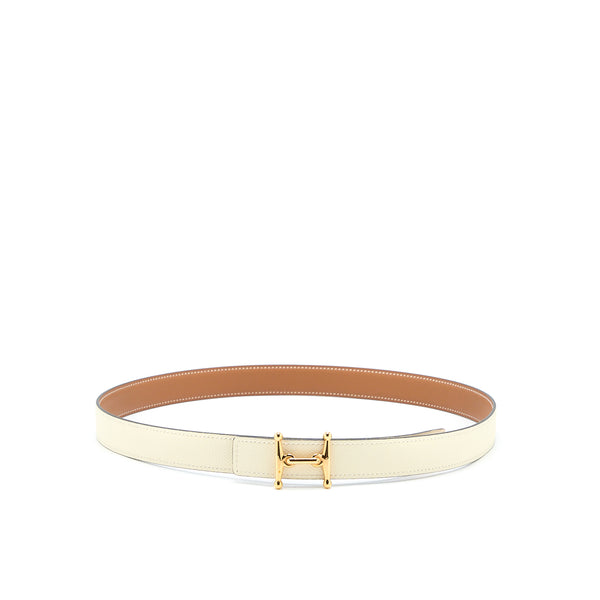 Hermes Size 85 Mors H Belt Buckle&Reversible Leather Strap 24MM Nata/Gold GHW Stamp Z
