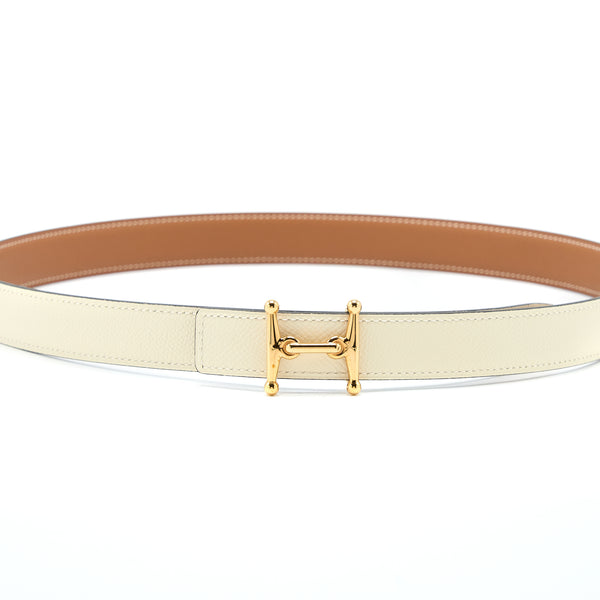 Hermes Size 85 Mors H Belt Buckle&Reversible Leather Strap 24MM Nata/Gold GHW Stamp Z