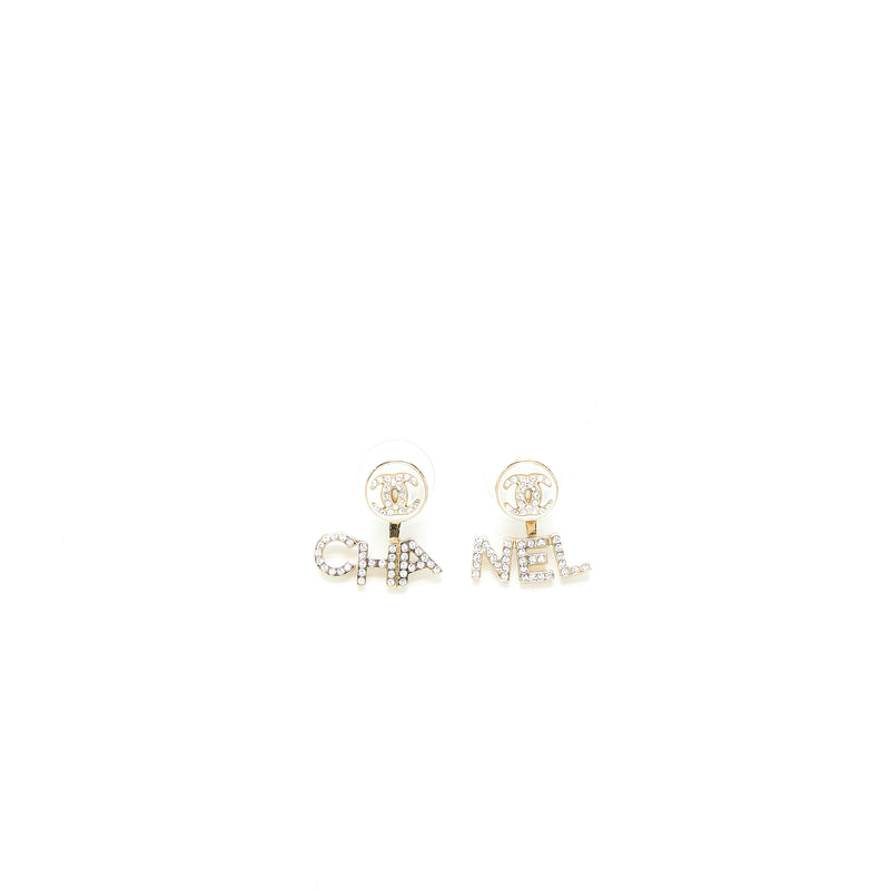Chanel Letter CC/Logo Earrings Crystal Light Gold Tone