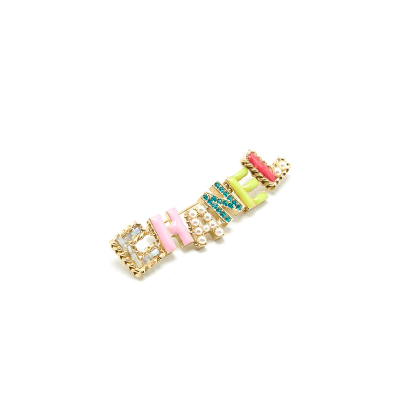 Chanel Letter Brooch Crystal/Pearl Multicolour Light Gold Tone