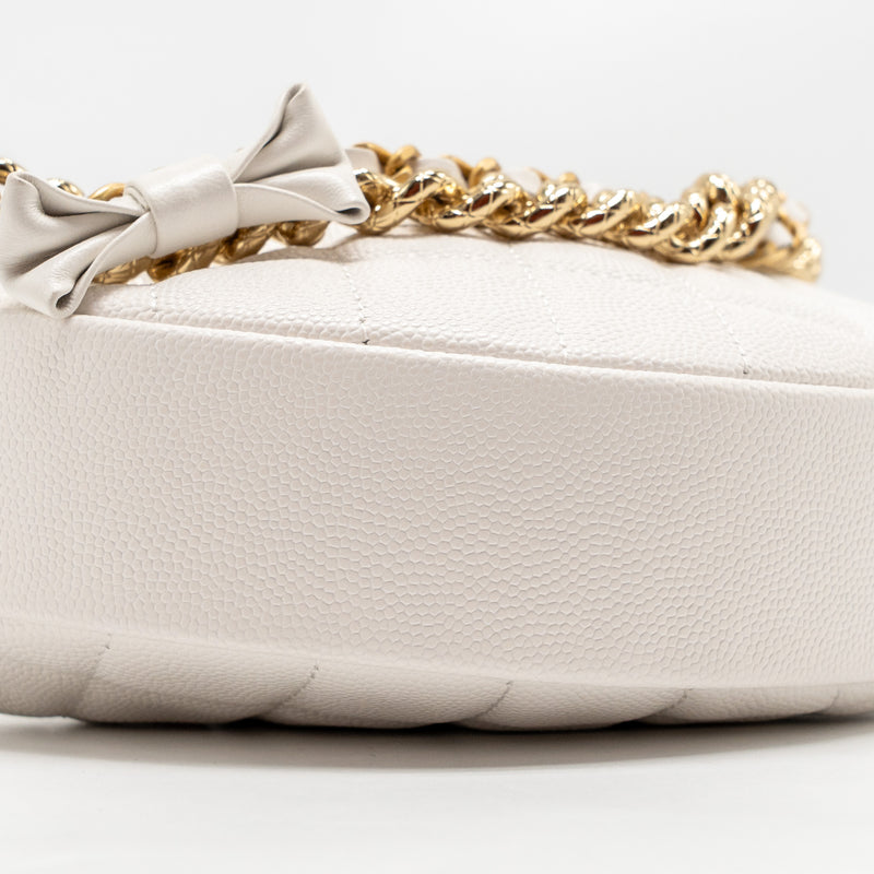Chanel 24S Mini Round Bow Pouch Bag with Chain Caviar White GHW (Microchip)