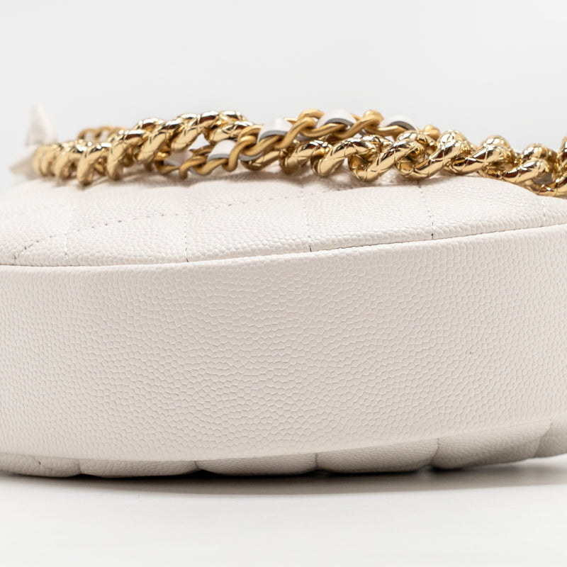 Chanel 24S Mini Round Bow Pouch Bag with Chain Caviar White GHW (Microchip)