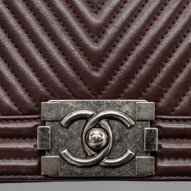 Chanel Chevron Small Boy Bag Lambskin BURGUNDY RUTHENIUM HARDWARE