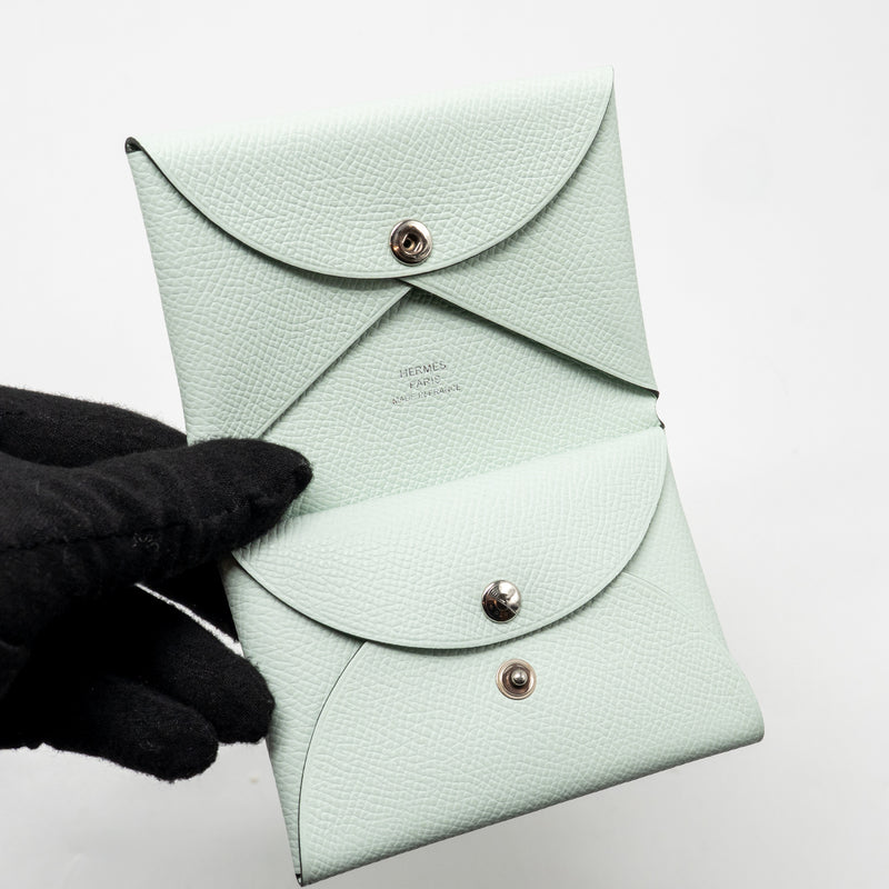 Hermes Calvi Duo Card Holder Epsom Vert Peppermint SHW Stamp W