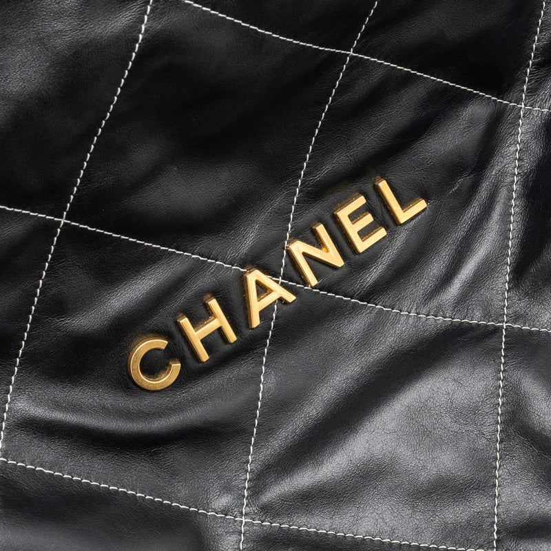 Chanel Medium 22 Bag Shiny Calfskin Black With White Stitching Gold Letter GHW (Microchip)